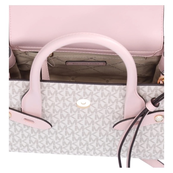 Michael Kors Carmen Medium Flap Satchel Vanilla MK Signature Powder Blush Pink - Picture 4 of 8